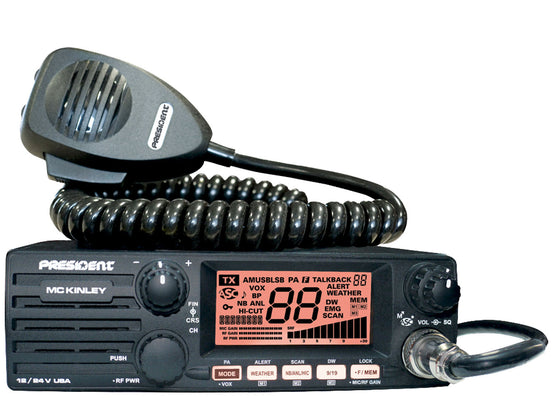 PRESIDENT - MCKINLEY DELUXE AM/SSB CB RADIO WITH SELECTABLE 3 COLOR FACE, MIC/RF GAIN, SWR CIRCUIT, TALK-BACK, ROGER BEEP,  NOAA WEATHER & PA-KRM Products LLC.